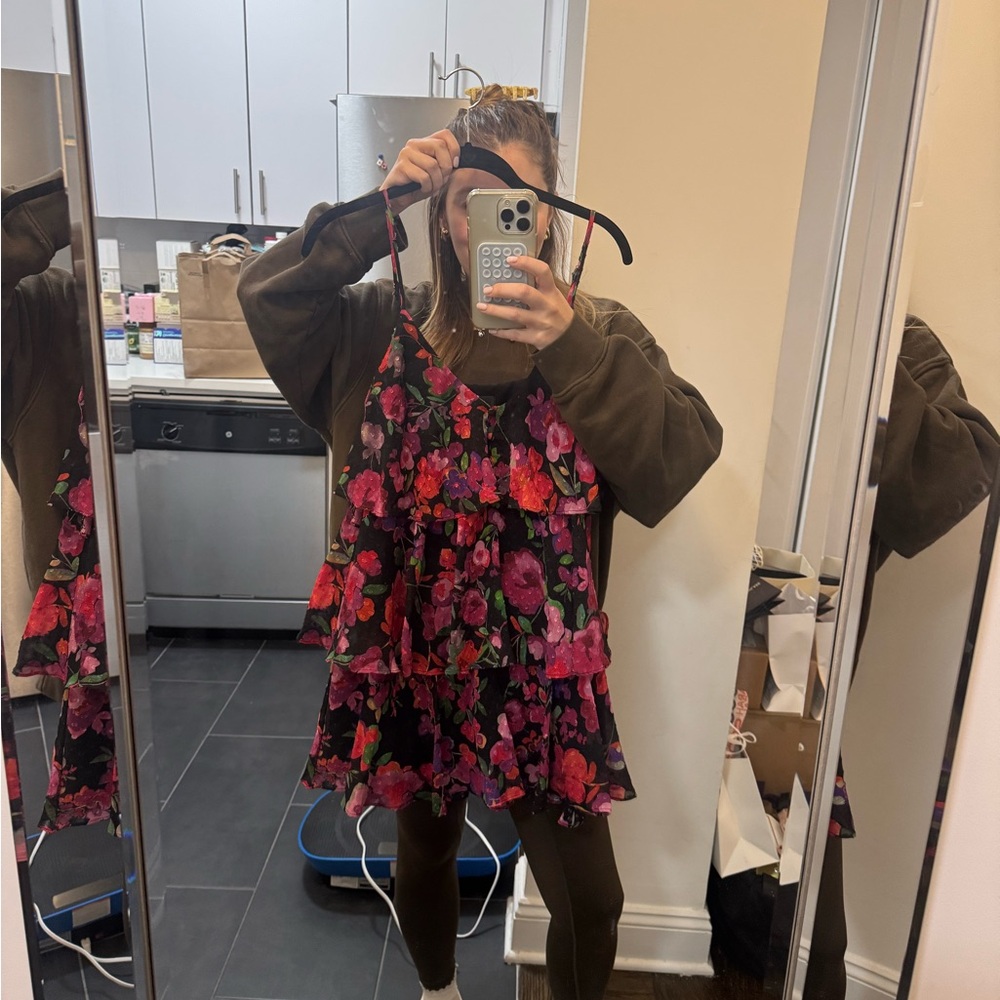 For Love & Lemons Black Floral Ruffle Mini Dress with Pink and Red Blooms